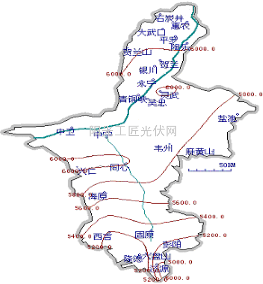 宁夏回族自治区太阳能分布图（单位：kWh/ m2²a）