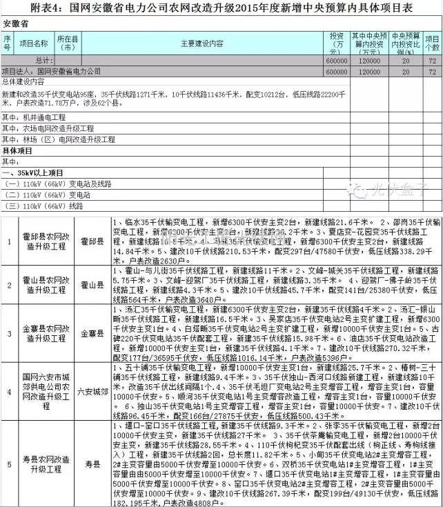 2015年度安徽省电网农网升级改造具体项目表