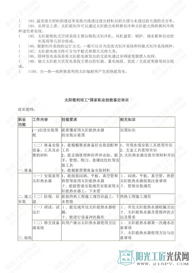 太阳能利用工培训：太阳能利用工理论复习题