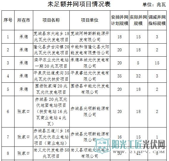 未足额并网项目情况表