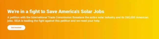  不过，201调查也遭到了美国太阳能行业协会强烈反对，该机构的网站首页挂出了下图：