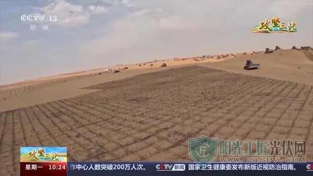 草方格+锁边林+光伏板 三重防线构建生态治沙新模式2